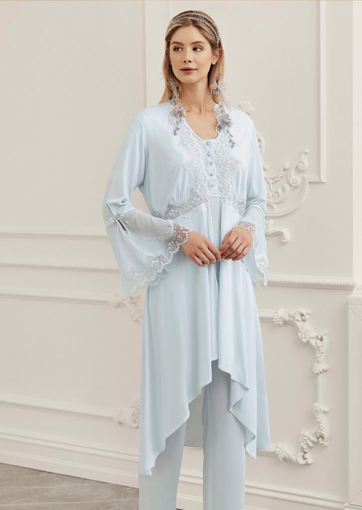 Perin 316 Mavi Hamile Lohusa 3 Lü Pijama Sabahlık Takım