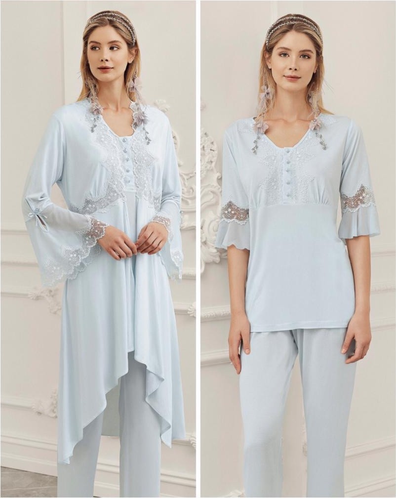Perin 316 Mavi Hamile Lohusa 3 Lü Pijama Sabahlık Takım görsel 2