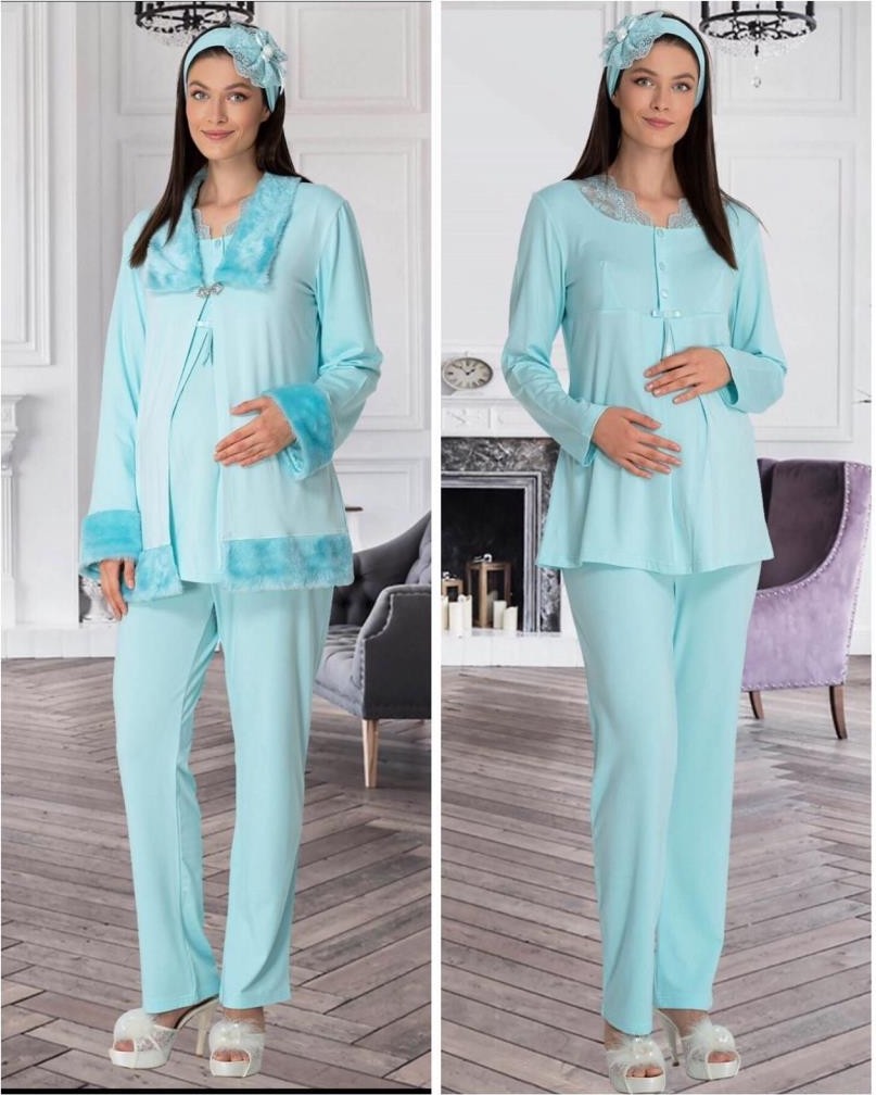 Mecit 5304 Turkuaz Peluş Detaylı Sabahlıklı Lohusa Pijama Takımı