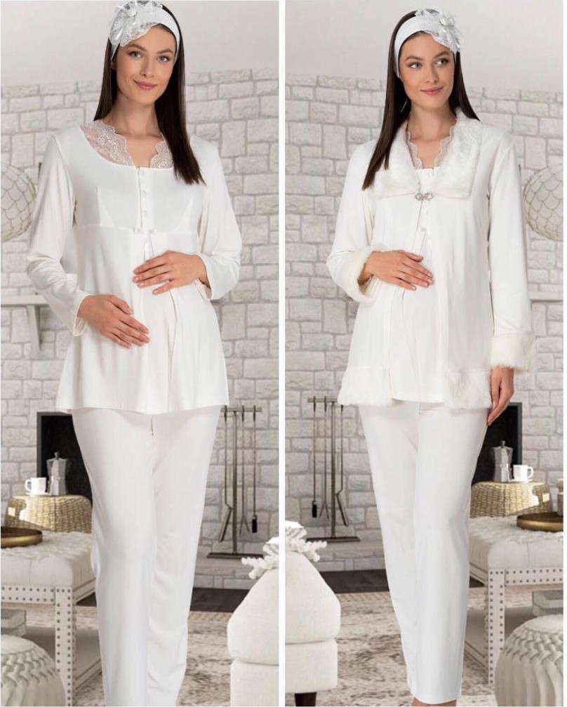 Mecit 5304 Ecru Peluş Detaylı Sabahlıklı Lohusa Pijama Takımı görsel 2
