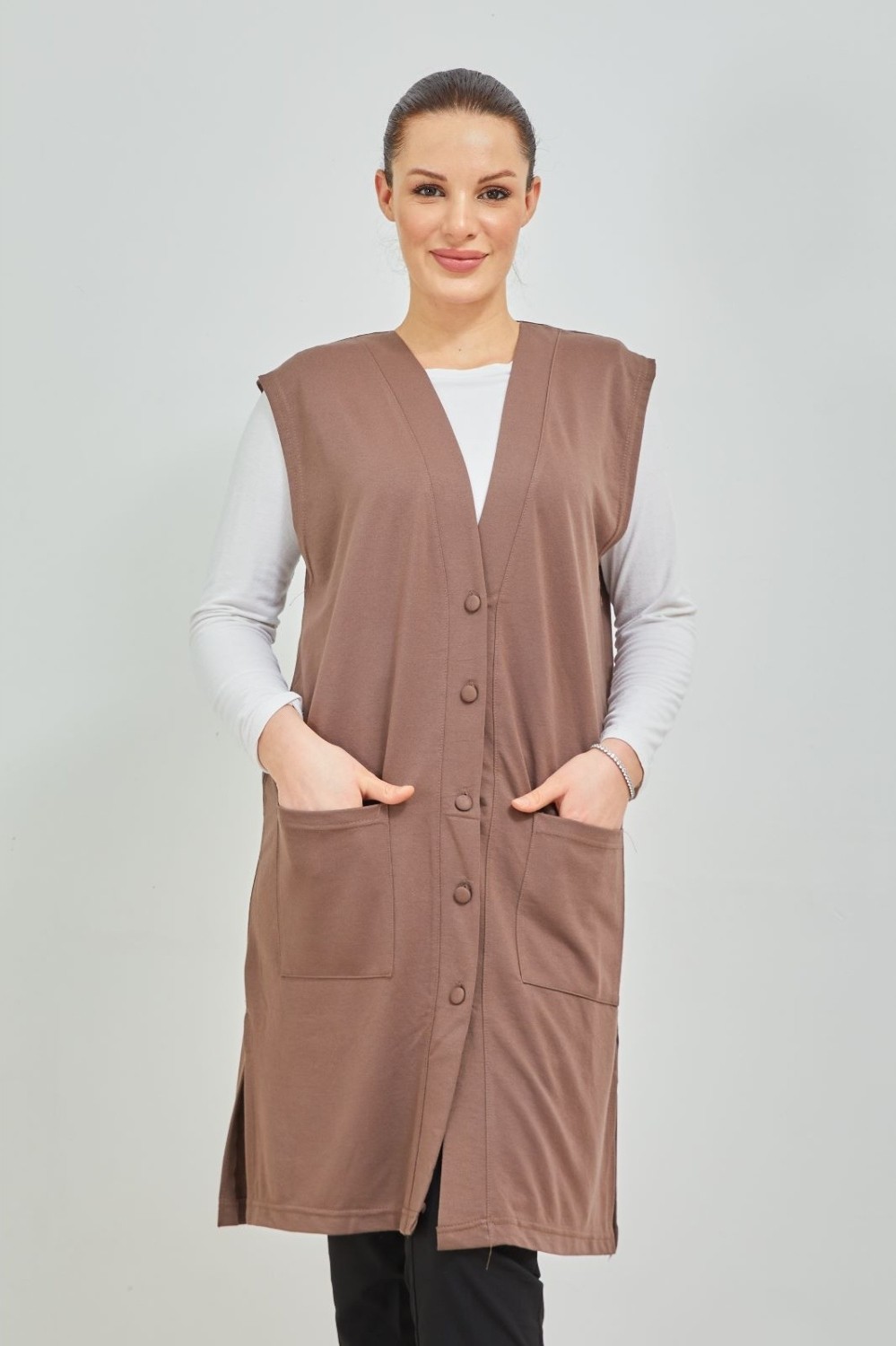 Fresh Moda Kadın Vizon Uzun Cepli Düğmeli Penye Anne Büyük Beden Tunik Yelek