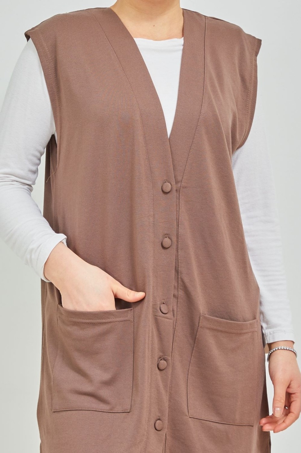 Fresh Moda Kadın Vizon Uzun Cepli Düğmeli Penye Anne Büyük Beden Tunik Yelek görsel 2