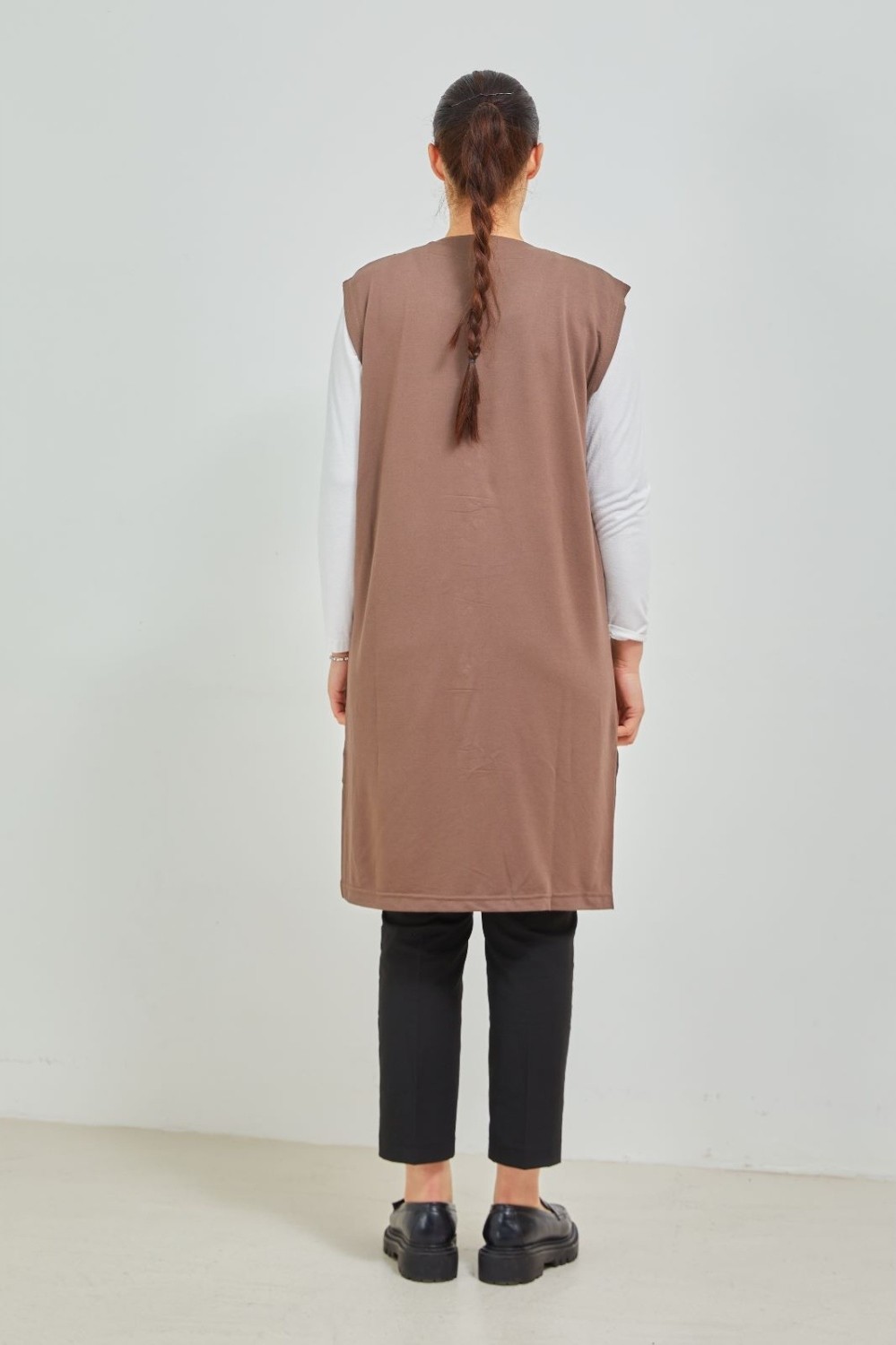 Fresh Moda Kadın Vizon Uzun Cepli Düğmeli Penye Anne Büyük Beden Tunik Yelek görsel 5