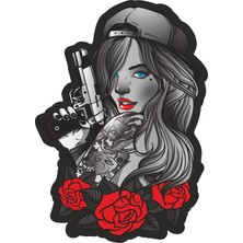 Sticker Fabrikası Silahlı Tabancalı Kız Sticker  12 x 7,5 cm Renkli