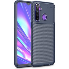 Tekno Grup Realme 5i Kılıf Karbon Desenli Lux Negro Silikon Lacivert + Cam Ekran Koruyucu