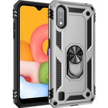Tekno Grup Samsung Galaxy A01 Kılıf Çift Katmanlı Yüzüklü Manyetik Vega Kapak Gümüş + Nano Ekran Koruyucu