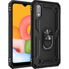Tekno Grup Samsung Galaxy A01 Kılıf Çift Katmanlı Yüzüklü Manyetik Vega Kapak Siyah + Tam Kaplayan 5D Cam Ekran Koruyucu