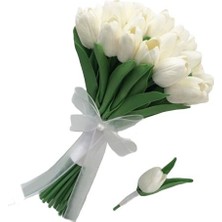 Dünya Hediye  Krem Renk Islak Lale Gelin Buketi ve Damat Yaka Çiçeği