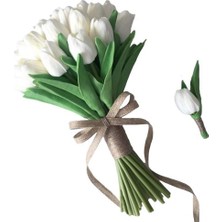 Dünya Hediye  Beyaz Islak Lale Sade Şık Gelin Buketi ve Damat Yaka Çiçeği