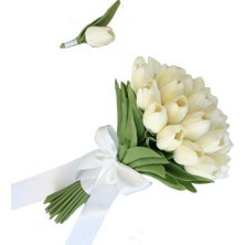 Dünya Hediye  Krem Islak Lale Gelin Buketi ve Damat Yaka Çiçeği