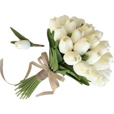 Dünya Hediye  Krem Renk Islak Lale Gelin Buketi ve Damat Yaka Çiçeği