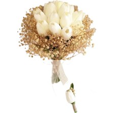 Dünya Hediye  Krem Renk Islak Lale Doğal Cipso Gelin Buketi ve Damat Yaka Çiçeği Seti