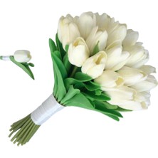 Dünya Hediye  Krem Renk Islak Lale Gelin Buketi ve Damat Yaka Çiçeği Seti