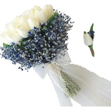 Dünya Hediye  Krem Renk Islak Lale Mavi Cipsolu Gelin Buketi ve Damat Yaka Çiçeği
