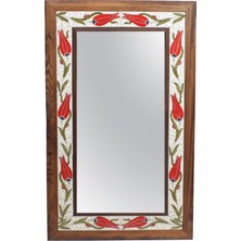Otantik Çini Kırmızı Lale Dekor Ahşap Çerçeve Dekoratif Ayna 50 x 70 cm