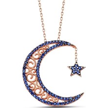 Pigado 925 Ayar Gümüş Mavi Zirkon Taşlı Ay ve Yıldız Kolye