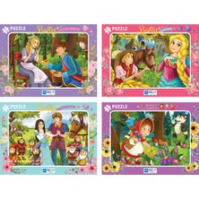 Blue Focus Frame Puzzle - 4'lü Set - Princess Külkedisi Sindirella + Rapunzel + Pamuk Prenses + Kırmızı Başlıklı Kız