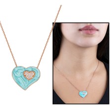 Zirkon Taşlı Çift Kalp Tasarım Turkuaz 925 Ayar Gümüş Bayan Kolye