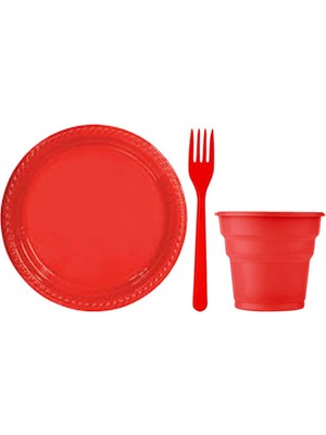 Partylandtr Kırmızı Renk 25 Kişilik Plastik Bardak Çatal Tabak