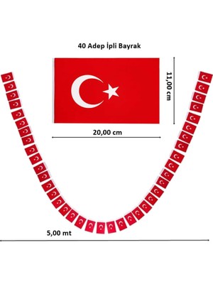 Süsle Bebek ve Parti Türk Bayrağı 5,00 mt İpe Sıralı, 11 cm x 20 cm. - 40'lı