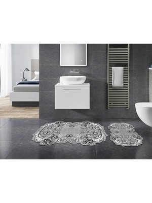 Alanur Home Karanfil Özel Kesim Yıkanabilir Kaymaz Taban 2'li Paspas Seti Klozet Takımı