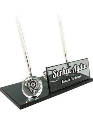 Ofistike Polislere Özel İsimlik Polis Kabartma Logolu Kristal Masa İsimliği