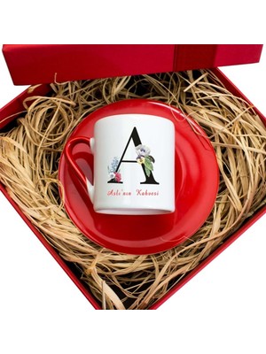 Hediye Rengi İsme Özel Hediyelik Türk Kahvesi Fincanı Seti Tasarım Kutulu - Çiçekli Harf