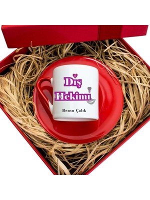 Hediye Rengi İsme Özel Hediyelik Türk Kahvesi Fincanı Seti Tasarım Kutulu - Diş Hekimi