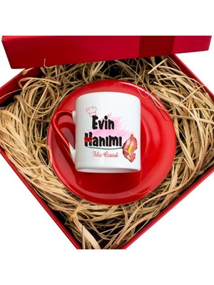 Hediye Rengi İsme Özel Hediyelik Türk Kahvesi Fincanı Seti Tasarım Kutulu - Evin Hanımı