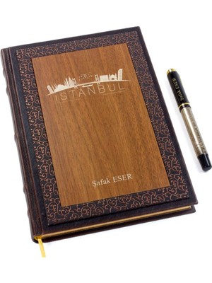 Hediye Rengi İsme Özel Ahşap Kapaklı Istanbul Temalı Defter ve Kalem Seti