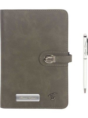 Hediye Rengi İsme Özel Deri Kapaklı Organizerli Defter ve Kalem Seti - Gri