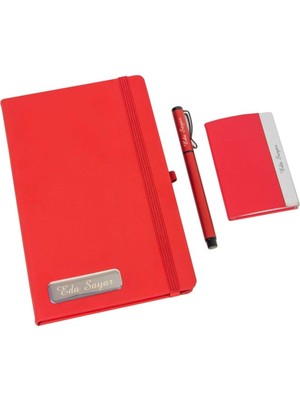 Hediye Rengi İsme Özel Kırmızı Defter Kartvizitlik ve Kalem Seti Özel Tasarım Kutulu​