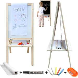 Rulo Kağıtlı Çift Taraflı Ayaklı Ahşap Çocuk Yazı Tahtası Siyah-Beyaz 115 x 50 cm 