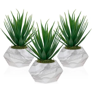 3'lü Mermer Görünümlü Saksıda Yeşil Yapay Kaktüs Aloevera