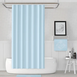 Polyester Kumaş Banyo Perdesi Duş Perdesi + Askı Aparatı Plastik C-Halka Mavi