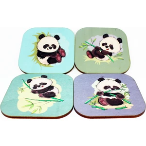 Iris Panda Desenli 4'lü ve Ahşap Kutulu Bardak Altlığı