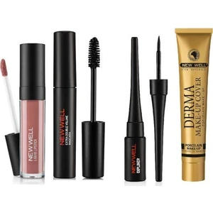 New Well Porcelain Make Up Dipliner+Derma Yoğun Kapatıcı Fondöten Bronze+Porcelain Make Up Lipstick D-204 6 Ml+Maskara 6,50 gr
