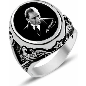 Mina Silver Mustafa Kemal Atatürk Imzalı Yan Ay Yıldız Taşsız Erkek Yüzük