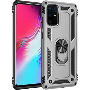 Tekno Grup Samsung Galaxy S20 Plus Kılıf Çift Katmanlı Yüzüklü Manyetik Vega Kapak + Tam Kaplayan 6D Polymer Nano Ekran Koruyucu Gümüş
