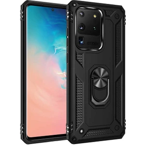 Tekno Grup Samsung Galaxy S20 Ultra Kılıf Çift Katmanlı Yüzüklü Manyetik Vega Kapak + Arka ve Ön 360 Full Body Ekran Koruyucu Siyah