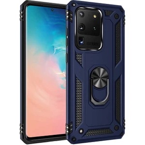 Tekno Grup Samsung Galaxy S20 Ultra Kılıf Çift Katmanlı Yüzüklü Manyetik Vega Kapak + Arka ve Ön 360 Full Body Ekran Koruyucu Lacivert