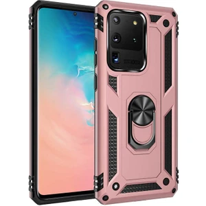 Tekno Grup Samsung Galaxy S20 Ultra Kılıf Çift Katmanlı Yüzüklü Manyetik Vega Kapak + Tam Kaplayan 3D Cam Ekran Koruyucu Rose
