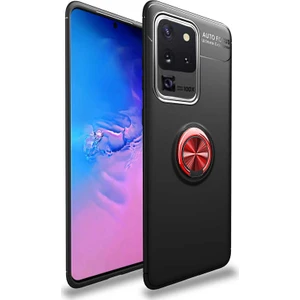 Tekno Grup Samsung Galaxy S20 Ultra Kılıf Ultra Korumalı Yüzüklü Manyetik Ravel Silikon + Tam Kaplayan 6D Polymer Nano Ekran Koruyucu Siyah Kırmızı
