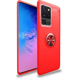 Tekno Grup Samsung Galaxy S20 Ultra Kılıf Ultra Korumalı Yüzüklü Manyetik Ravel Silikon + Tam Kaplayan 6D Polymer Nano Ekran Koruyucu Kırmızı
