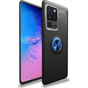 Tekno Grup Samsung Galaxy S20 Ultra Kılıf Ultra Korumalı Yüzüklü Manyetik Ravel Silikon + Tam Kaplayan 6D Polymer Nano Ekran Koruyucu Siyah Mavi