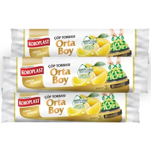 Ekstra Güçlü Orta Boy Limon Kokulu Büzgülü Çöp Torbası 55X60CM - 15'li x 3 Adet Avantajlı