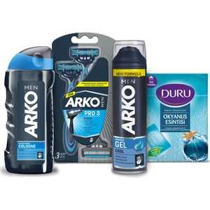 Men Erkek Bakım Seti - Tıraş Jeli 200 ml Tıraş Bıçağı 3 Adet Tıraş Kolonyası 200 ml ve Duş Sabunu 600 gr