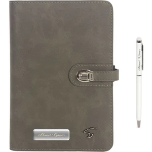 Hediye Rengi İsme Özel Deri Kapaklı Organizerli Defter ve Kalem Seti - Gri