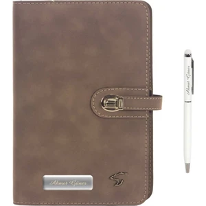 Hediye Rengi İsme Özel Deri Kapaklı Organizerli Defter ve Kalem Seti - Vizon