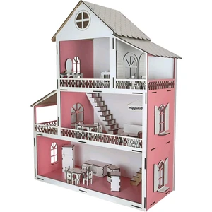 Ahşap Oyun Evi Üç Katlı Ahşap Mobilyalı Pembe